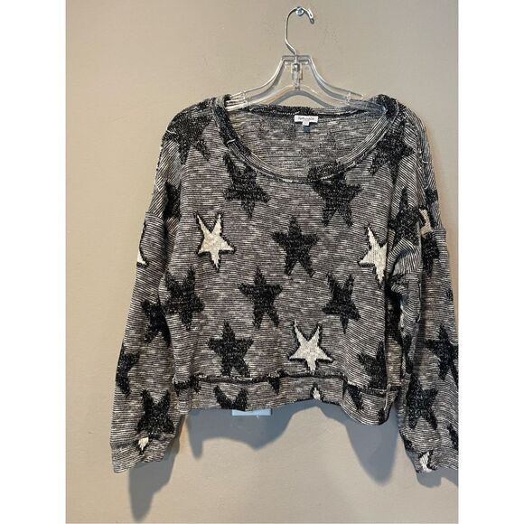 Splendid Boxy Star Print Metallic Black White Gray Sweater lg - Picture 2 of 3